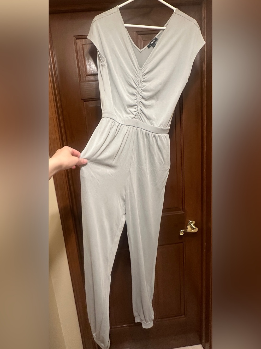 Express Light Green V-Neck Jumpsuit with Ruched Front